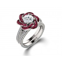 Delicate Micro Pave Halo Flower Ruby and Sparkling Diamond Engagement Rings