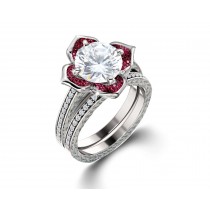 Delicate Micro Pave Halo Flower Ruby and Sparkling Diamond Engagement Rings