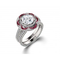 Delicate Micro Pave Halo Flower Ruby and Sparkling Diamond Engagement Rings