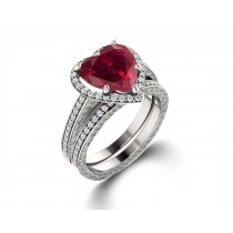 Delicate Micro Pave Halo Heart Red Ruby and Sparkling Diamond Engagement Rings