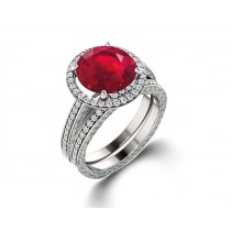 Delicate Micro Pave Halo Fiery Red Ruby and Sparkling Diamond Engagement Rings