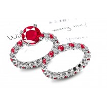 Great Striking Examples: Bezel Set 1.0 Round Ruby atop Pave Set Ruby & Diamond Ring & Rich Ladies Jewelry Band