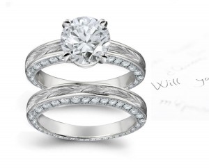 Elaborate Design Platinum, & Diamond Ring with Floral Scrolls & Motifs Shoulders & Diamond Halo Sides