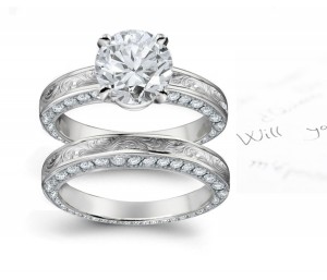 ElaborateDesign Platinum, & Diamond Ring with Floral Scrolls & Motifs Shoulders & Diamond Halo Sides