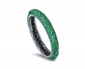 Latest Collection: Delicate Halo Micropave Side Accents Green Emeralds Eternity Wedding Anniversary Rings