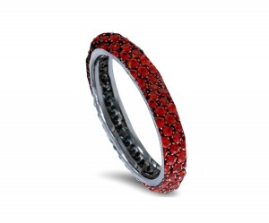 Delicate Women's Eternity Rings Featuring Fiery Red Rubies & Diamonds in Halo Precision Micro pave Settings