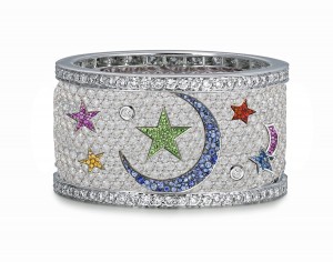 High Quality French pavee Multi-Colored Sapphire & Brilliant-Cut Round Diamond Moon & Stars Eternity Rings & Bands