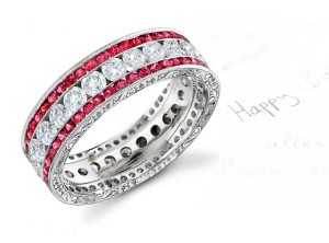 Round Diamond Wedding Band with Two Rows of Rubies & Engraved Sides