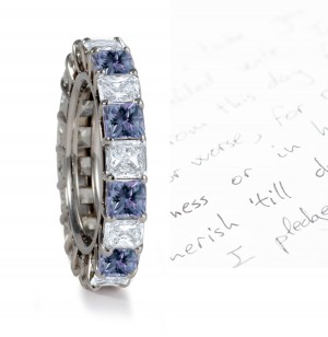 Princess Cut Blue Diamond & White Diamond Eternity Wedding Ring in Gold