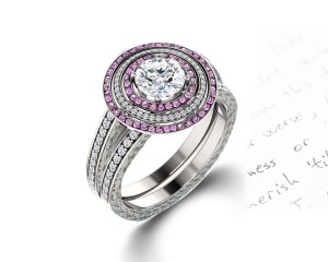 Delicate Micro Pave Halo Vivid Pink Sapphires & Brilliant-Cut Round Diamonds Designer Engagement Rings