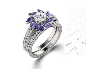 Delicate Micro Pave Halo Vivid Flower Purple Sapphires & Brilliant-Cut Round Diamonds Designer Engagement Rings