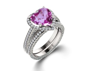 Delicate Micro Pave Halo Vivid Pink Sapphires & Brilliant-Cut Round Diamonds Designer Engagement Rings