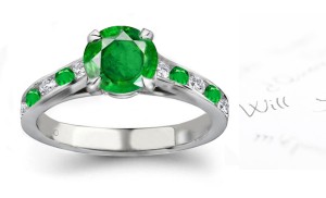 Reproduction of Old Styles:French Pave' Emerald & Diamond Ring in 14k White Gold a. Front View b. Side View c. Rear