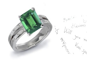 "Vibrant" Emerald Cut Emerald & Baguette Diamond Chevron Right Angled Ring