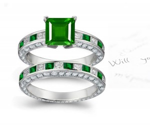 Precious Stones: Gold & Princess Cut Emerald & Diamond Halo Divine Mother Goddess Ring & Diamond Halo Band Available 