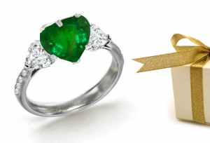 Matched or Graduated: Heart Diamond & Heart Emerald Art Deco 3 Stone Designer Ring Save 50%
