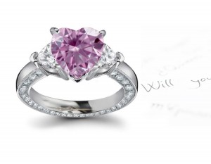 Heart Purple Diamond & White Diamonds Accents Three Stone Engagement Ring in Platinum, White & Yellow Gold