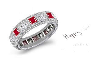 Impeccable: Pave Set Princess Cut Diamond Ruby Wedding Band