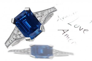 Pave Set Diamond Shank Blue Sapphire Emerald Cut Sapphire Ring in Flame Color Gold