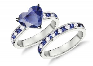 Handcrafted Blue Sapphire & Diamond Engagement Ring & Wedding Anniversary Band Bridal Set