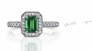 Rich-Color & Sparkling Green Hue Genuine Emerald Cut Emerald & Diamond Devine Halo Ring