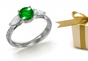 Matched Side Stones: Pear Shape Diamond & Emerald Victorian Style 3 Stone Ring