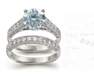 Round Blue Diamond Engagement & Wedding Ring
