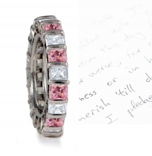 Circle of White & Pink Princess Cut Diamonds Sparkling in Bar Settings  in Platinum or 18k Gold