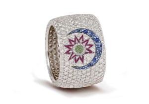 Delicate French pavee Sparkling Brilliant-Cut Round Diamonds & Vivid Multi-Colored Precious Stones Eternity Rings & Bands Featuring Celestial Moon & Stars