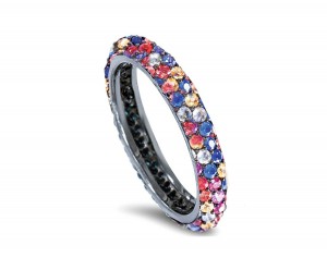 Delicate Women's Eternity Rings Featuring Multi-Colored Diamonds and Gemstones in Halo Precision Micro pave Settings