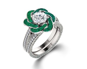 Delicate Micro Pave Halo Vivid Flower Bloom Green Emerald & Diamond Engagement Rings