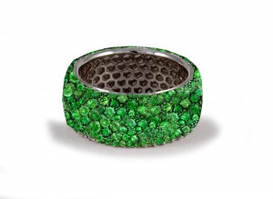 Latest Collection: Delicate Halo Micropave Side Accents Green Emeralds Eternity Wedding Anniversary Rings