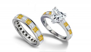 Heart Diamond & Princess Cut Yellow Sapphire & Diamond Engagement Ring & Matching Wedding Band