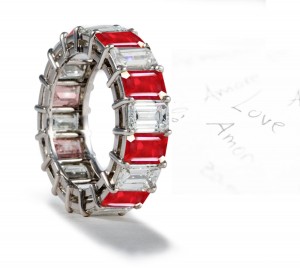 Impeccable Beauty: Gold Emerald Cut Ruby Diamond Eternity Ring
