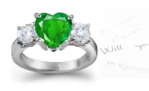 NEW SERIES: Glittering Round Diamond & Heart Emerald Three Stone Platinum Ring
