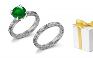 Really Majestic Design: Platinum Victorian Style Exquisite Engraved Emerald & Diamond Ring & Wedding Band 14k 18k Gold