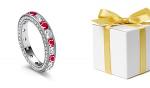 Milgrain Edge Channel Set Diamond & Ruby Band & Diamond Halo on Sides