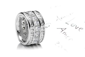 Three Rows of Sparkling Diamond Wedding Bands in Platinum & 14k Gold