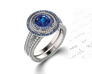 Delicate Micro Pave Halo Vivid Blue Sapphires & Brilliant-Cut Round Diamonds Designer Engagement Rings