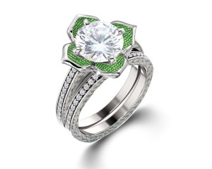 Delicate Micro Pave Halo Vivid Flower Bloom Green Emerald & Diamond Engagement Rings