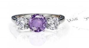 Glittering Round Very Popular Purple Sapphire Three-Stone Sapphire Engagement Ring with Round Diamonds