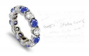 Scrolls & Motifs Decorated Sapphire & Diamond Gold Anniversary Band