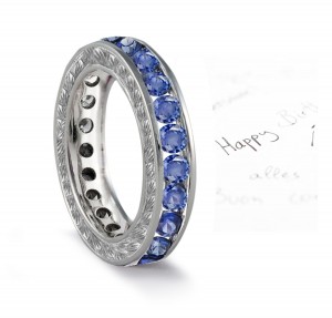 Blue Sapphire & Diamond Anniversary Foliate Scrolls & Motifs Gold Band