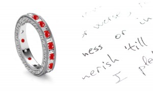 New Begining: Baguette Diamond & Well Cut Round Ruby Eternity Ring with Engraved Sides