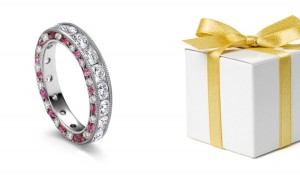 Sparkling Diamond & Pink Sapphire Wedding Ring with Diamond Halo Sides