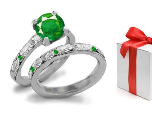 Made Under Personal SupervisionTransparent Tiffany Style Burnish Set Green Emerald Ring With Diamonds in 14k White Gold