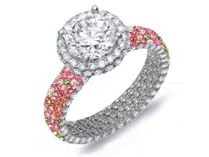 Made To Order Rings Featuring Delicate French Halo Pave Diamonds & Vivid Pink Sapphires