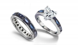Heart Diamond & Baguette Blue Sapphire Engagement Ring & Baguette Sapphire Wedding Band in Platinum