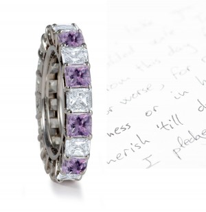 Circle of White & Purple Princess Cut Diamonds Sparkling in Prong Setting  in Platinum or 18k Gold