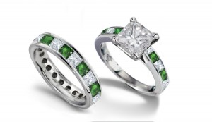 Extra-Bright Princess Cut Diamond & Green Emerald Square Ring & Princess Cut Band